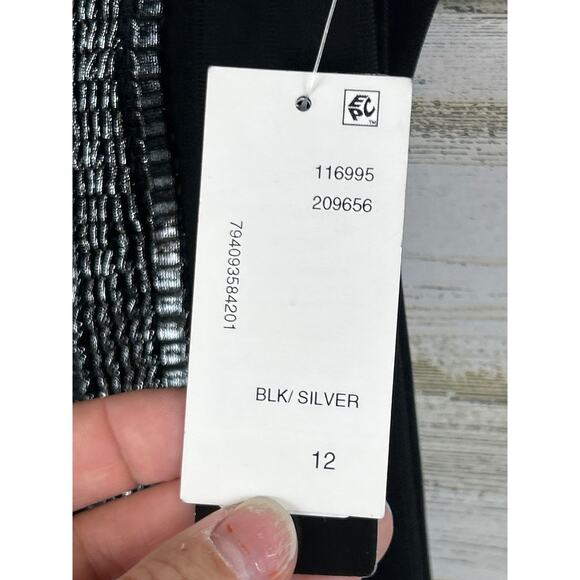 SLNY Women’s 12 Black Silver Sleeveless Midi Shift Cocktail Dress Pullover NEW - Picture 5 of 8